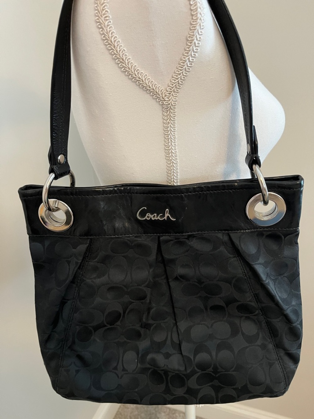 Coach Black Signature Jacquard Shoulder Bag with Silver Hardware